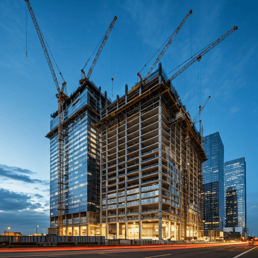 Modern skyscraper construction site at dusk